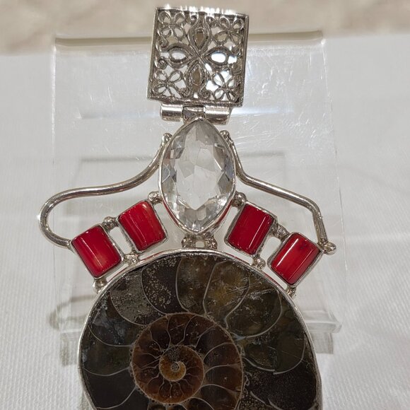 Vintage Ammonite Shell Red Coral Clear Gemstone Handmade Sterling Silver Pendant - Picture 3 of 12